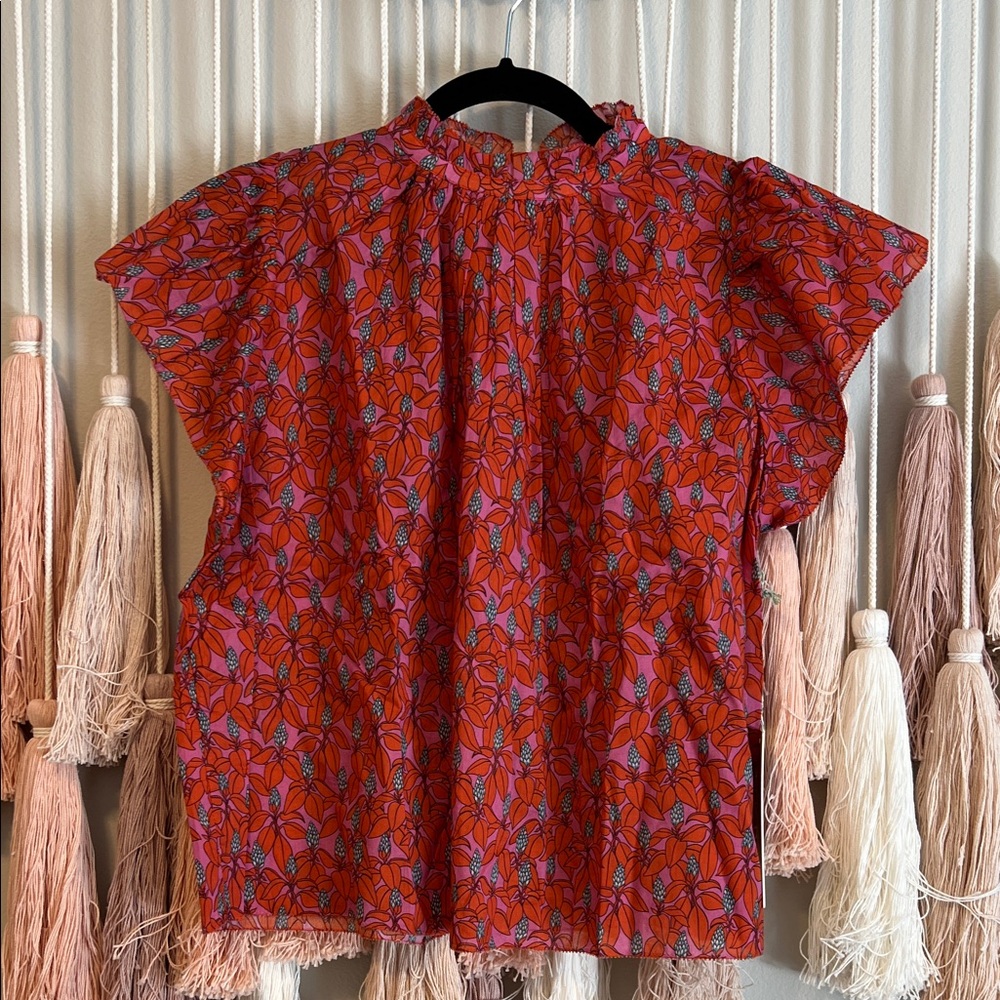 Trovata Red and Pink Floral Ruffle-Neck Blouse size xs NWT